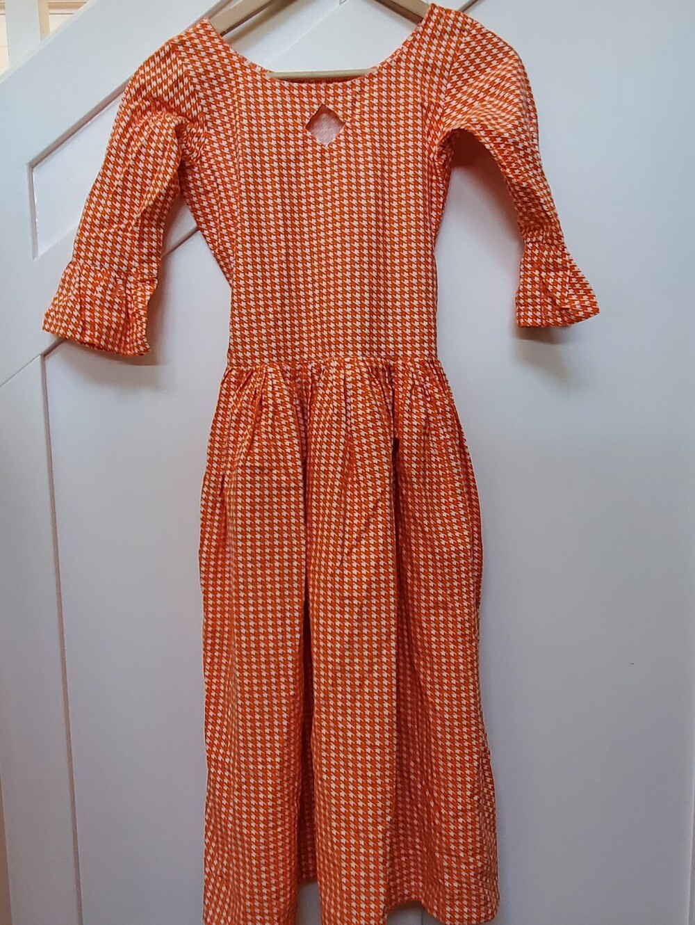 Orange Houndstooth Prairie Dress with Diamond Keyhole At Neckline